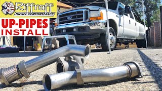 2001 F350 73  RiffRaff UpPipes Install  Stock up pipes leaking and falling apart JUNK SP [upl. by Adnaluoy447]